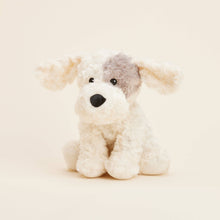 Load image into Gallery viewer, Soft plush stuffed dog toy with curly cream and gray fur on beige background