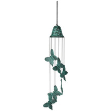 Load image into Gallery viewer, Green patina butterfly wind chime with metal tubes and decorative butterfly accents hanging outdoors