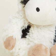 Load image into Gallery viewer, Plush black and white cow stuffed animal with pink inner ears and hooves