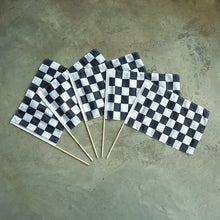 Load image into Gallery viewer, Five black and white checkered racing flags with wooden sticks arranged in fan pattern