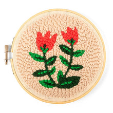 Load image into Gallery viewer, Completed punch needle embroidery hoop featuring red tulips with green stems on cream background