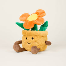Load image into Gallery viewer, Plush orange flower pot toy with smiling face, brown arms and legs, orange daisy flower
