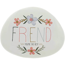 Load image into Gallery viewer, White oval garden stone with colorful 'FRIEND' text and floral decorations