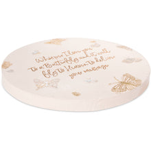 Load image into Gallery viewer, Round cream-colored garden stone with butterfly designs and inspirational text about whispers and Heaven