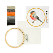Load image into Gallery viewer, Mini cross stitch embroidery kit with colorful bird pattern, threads, hoop and fabric