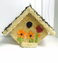 Load image into Gallery viewer, Decorative bird house covered in seeds with orange flowers and red cardinal design