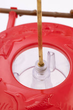 Load image into Gallery viewer, Red hummingbird feeder with clear nectar reservoir and wooden perch dowel