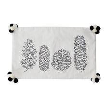 Load image into Gallery viewer, White pillow case with black embroidered pinecone designs and black-and-white pom-pom corners