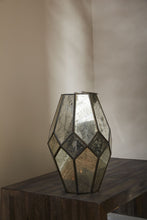 Load image into Gallery viewer, Geometric glass lantern with antiqued mirror panels and metal frame on wooden surface