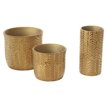 Load image into Gallery viewer, Three golden textured ceramic plant pots in different sizes with chevron pattern