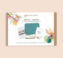 Load image into Gallery viewer, Breathe People Sketch + Wander all-in-one watercolor travel kit with teal case and supplies
