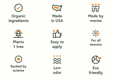Load image into Gallery viewer, Nine product feature icons showing organic ingredients, USA made, worm-based, tree planting, easy application, all-season ...