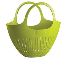 Load image into Gallery viewer, Green plastic garden colander with dual handles and drainage slots for harvesting vegetables
