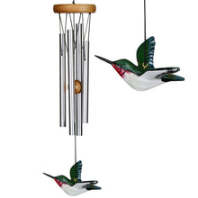 Load image into Gallery viewer, Wind chime with silver tubes, wood top, and two decorative hummingbird ornaments