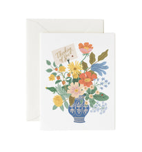 Load image into Gallery viewer, Thinking of You greeting card featuring colorful wildflower bouquet in decorative blue vase with envelope