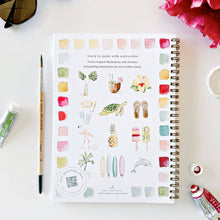Load image into Gallery viewer, Spiral-bound watercolor workbook showing tropical illustrations with paintbrush and watercolor paints