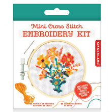 Load image into Gallery viewer, Mini cross stitch embroidery kit featuring colorful flower bouquet design in wooden hoop