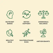 Load image into Gallery viewer, Health benefits infographic showing six green icons for organic sprouting seeds wellness properties