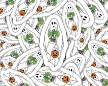 Load image into Gallery viewer, White ghost stickers holding green plants and orange pumpkins scattered on white background