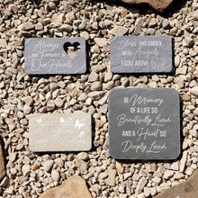 Load image into Gallery viewer, Four memorial garden stones with inspirational text displayed on gravel background