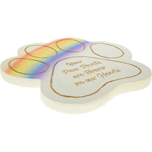 Load image into Gallery viewer, Rainbow paw print memorial garden stone with gold text reading Your Paw Prints are Forever in our Hearts