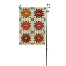 Load image into Gallery viewer, Quilted poinsettia garden flag with six star-shaped flowers on black pole