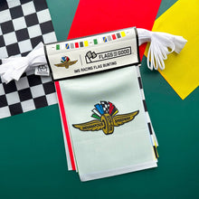 Load image into Gallery viewer, Indianapolis Motor Speedway racing flag bunting with colorful flags displayed against checkered pattern background