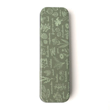 Load image into Gallery viewer, Green rectangular tin container with botanical herb and plant illustrations pattern