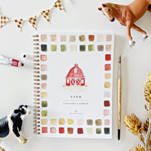 Load image into Gallery viewer, Farm watercolor workbook with red barn illustration, color palette swatches, and farm animal figurines