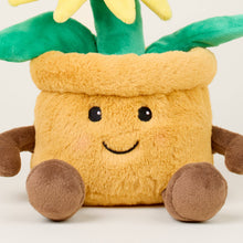 Load image into Gallery viewer, Cute yellow plush flower pot toy with smiling face, brown arms and legs, green leafy flowers on top