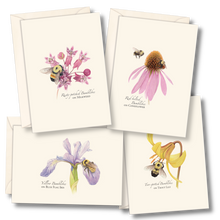 Load image into Gallery viewer, Set of four cream-colored notecards featuring watercolor illustrations of bumblebees on different flowers