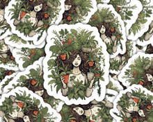 Load image into Gallery viewer, Decorative stickers featuring woman with flowing hair surrounded by potted plants and greenery