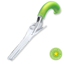 Load image into Gallery viewer, Green-handled ergonomic hand weeder tool with serrated stainless steel blade and curved grip
