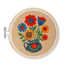 Load image into Gallery viewer, Colorful embroidered flower bouquet in vase displayed in wooden embroidery hoop