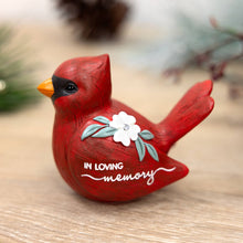 Load image into Gallery viewer, Red cardinal memorial figurine with white flower and 'In Loving Memory' text