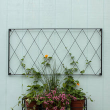 Load image into Gallery viewer, Black metal diamond pattern garden trellis mounted on white fence with climbing plants and flower planter