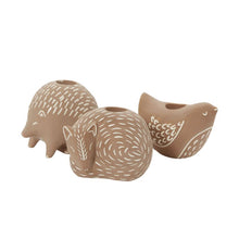 Load image into Gallery viewer, Set of three terracotta ceramic animal candleholders featuring hedgehog, fox, and bird designs