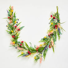 Load image into Gallery viewer, Colorful artificial spring flower garland with wildflowers, ferns, and mixed blooms on white background