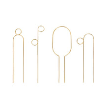 Load image into Gallery viewer, Five gold metal plant stakes with decorative circular tops in various abstract shapes