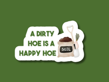 Load image into Gallery viewer, Green and white gardening humor sticker featuring soil bag and garden hoe illustration