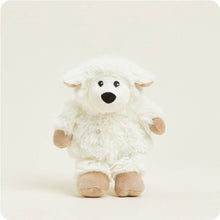 Load image into Gallery viewer, White fluffy sheep plush toy with cream hooves and black nose on beige background