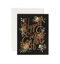 Load image into Gallery viewer, Black greeting card with copper foil 'Happily Ever After' text and colorful floral illustrations