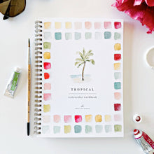 Load image into Gallery viewer, Spiral-bound tropical watercolor workbook with palm tree design and color swatches around border