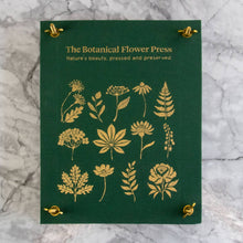 Load image into Gallery viewer, Green linen botanical flower press with gold foil plant illustrations and brass corner fasteners