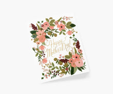Load image into Gallery viewer, Happy Mother's Day greeting card with pink floral wreath design on white background