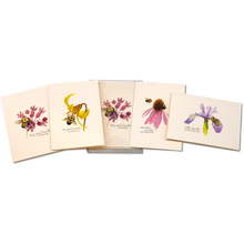 Load image into Gallery viewer, Set of five cream-colored notecards featuring watercolor illustrations of bumblebees on different flowers