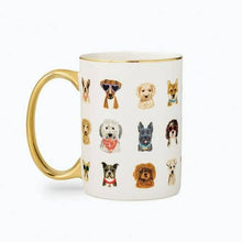 Load image into Gallery viewer, White porcelain mug with gold handle featuring colorful illustrated dog breed portraits