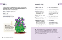 Load image into Gallery viewer, Open gardening book showing iris growing guide with purple flower illustration and planting instructions