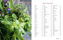 Load image into Gallery viewer, Herb directory page showing alphabetical list of herbs with page numbers alongside potted herb plants