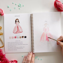 Load image into Gallery viewer, Open watercolor workbook showing princess tutorial with color palette and step-by-step painting instructions